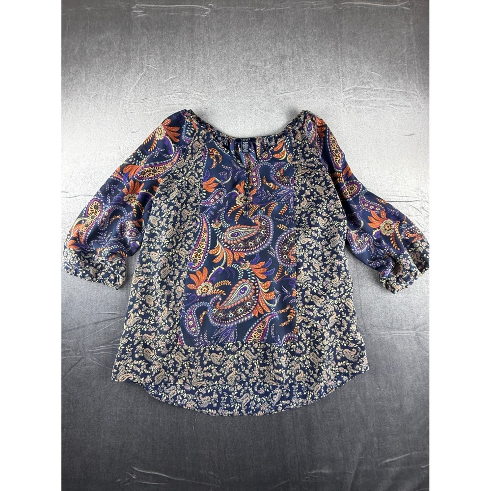 Chaps Womens XL Navy Blue Paisley Floral Split Neck 3/4 Sleeve Peasant Blouse